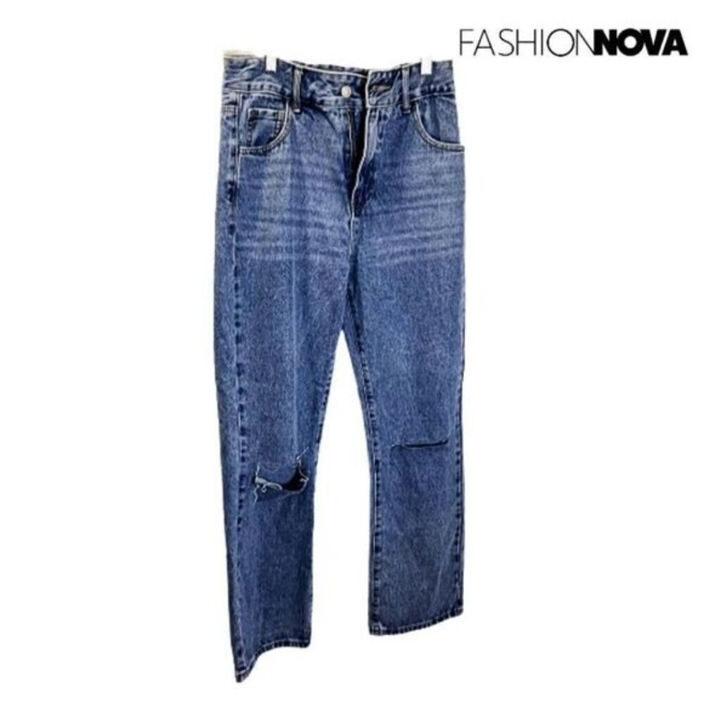 Fashion Nova‎ Women's Ripped Straight Leg Jeans High Rise Slit Knee Denim
